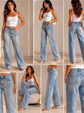 Zara Rhinestone Embellished Light Blue Straight-Leg Jeans - Women